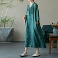 thumbnail image 5 of SMihono Women Fall Cotton Linen Maxi Dress Casual Long Sleeve Button V Neck Pleated Flowy Beach Shift Dress with Pocket Green M, 5 of 8