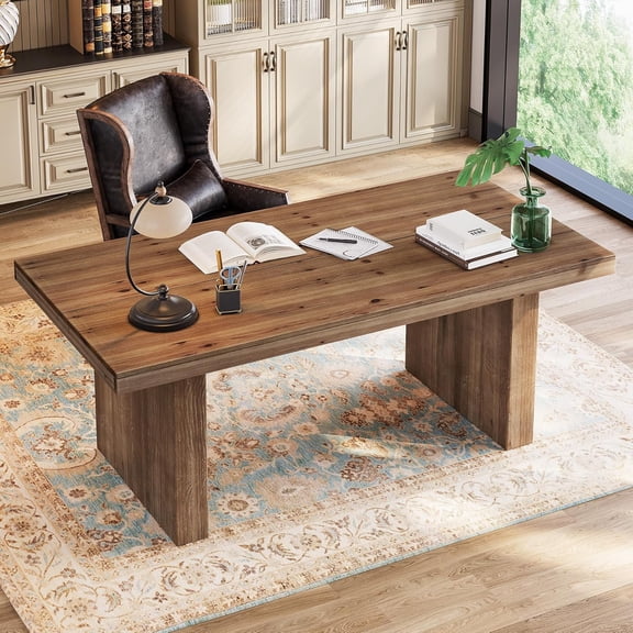 Tribesigns 63" Solid Wood Executive Desk, Farmhouse Computer Desk with Sturdy Wooden Legs, Large Home Office Desk Business Workstation with Spacious Tabletop, Dark Brown