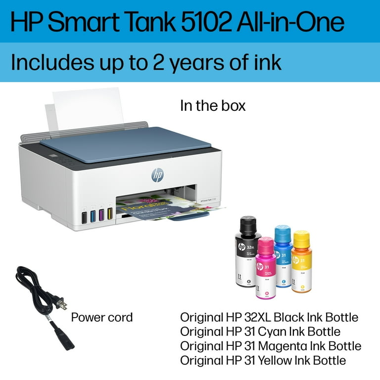 HP Smart Tank 5102 Wireless All-in-One Color Home Inkjet Tank Printer w/up  to 2 Yrs of Ink Incl