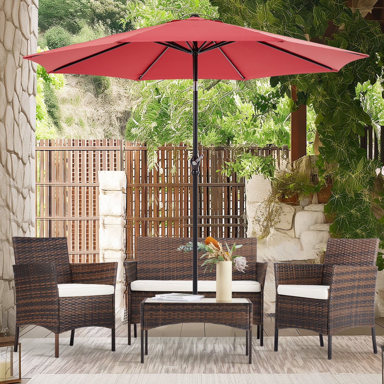 SHOUFTW Stylish 4-Piece Brown Wicker Patio Set with Comfortable Cushions and Glass Table – Designed for Outdoor Spaces