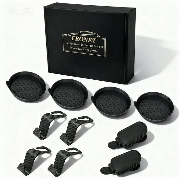 Car Accessories Gift Set, New Drivers 10Pcs Interior Essentials Organizer Kits with Cup Holder Coasters, Sunglass Holder Visor Clips & Headrest Hooks, Universal Car Organization Box for Men & Women