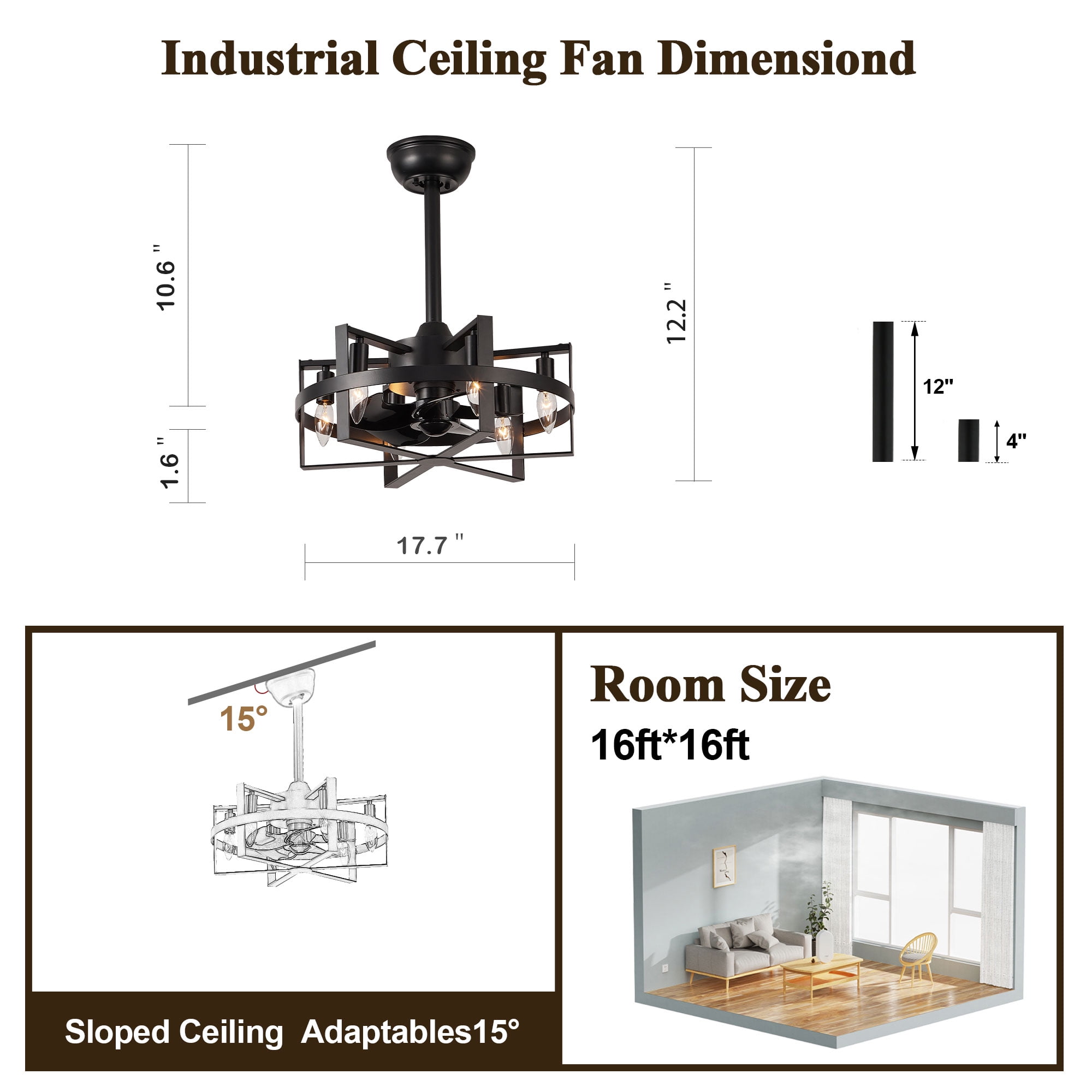 Bella Depot 18 Inches Octagonal Cage Ceiling Fan with Light and Remote Control, 6-speed Reversible Chandelier