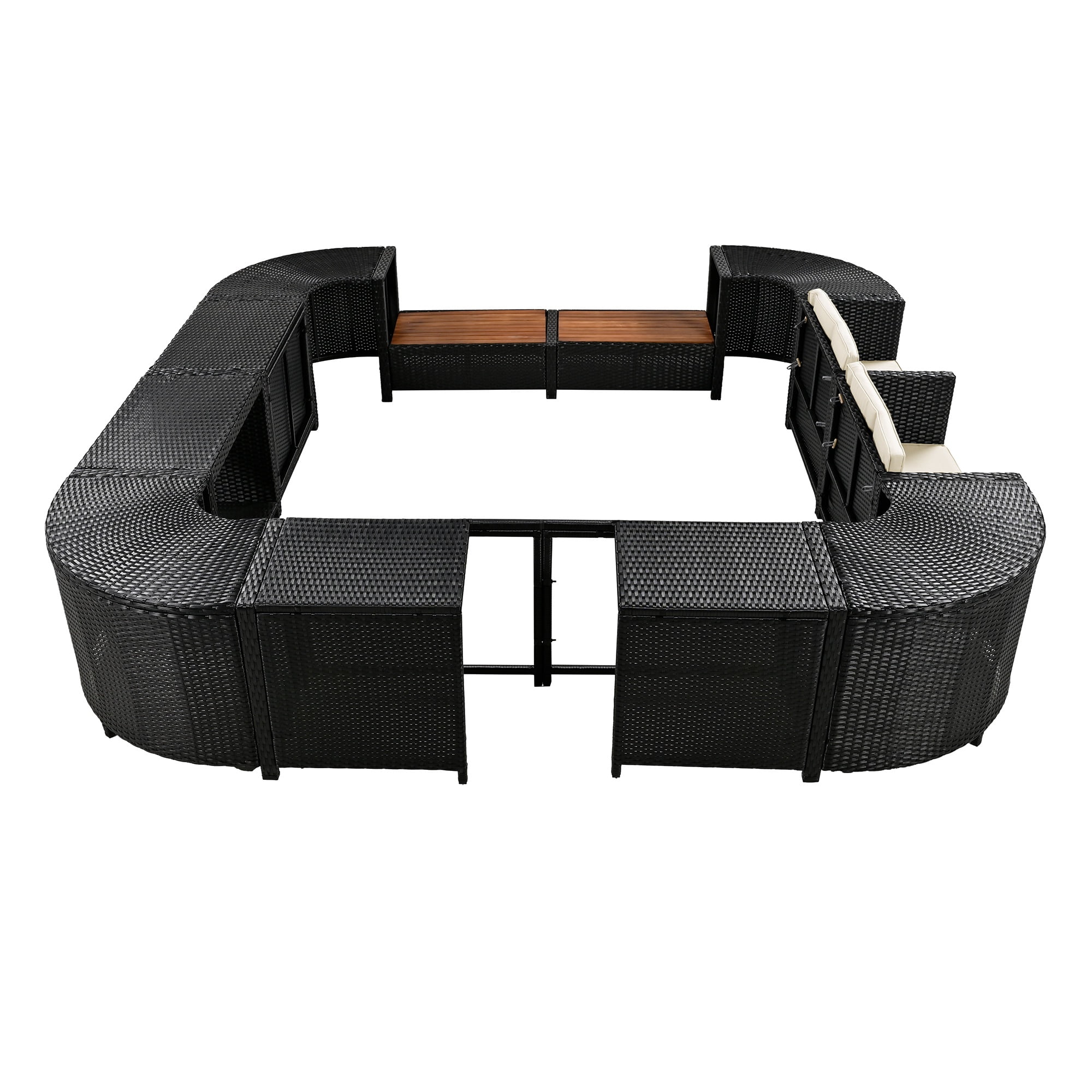 Hot Tub Outdoor Rattan Furniture Set, Surround Outdoor Spa Sectional Sofa Frame, Loveseat with Beige Cushions, Wooden Bench, Storage Cabinet, Large Top Space