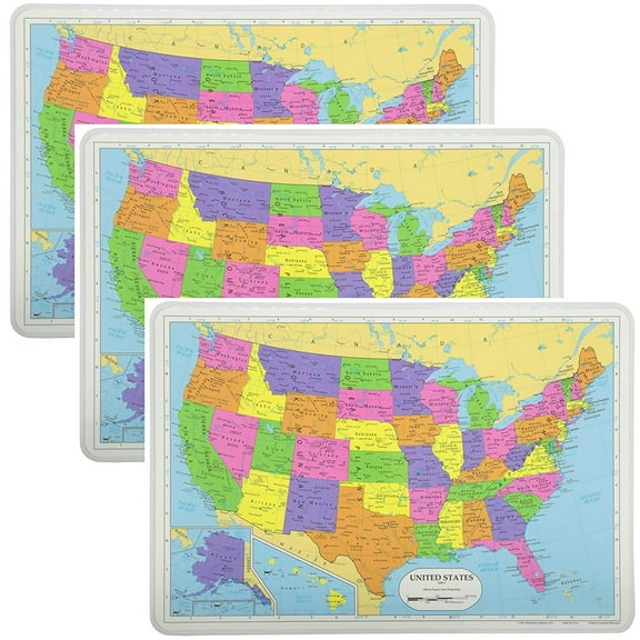 Painless Learning Educational Placemats Sets USA Map 3 Pack Non Slip Washable
