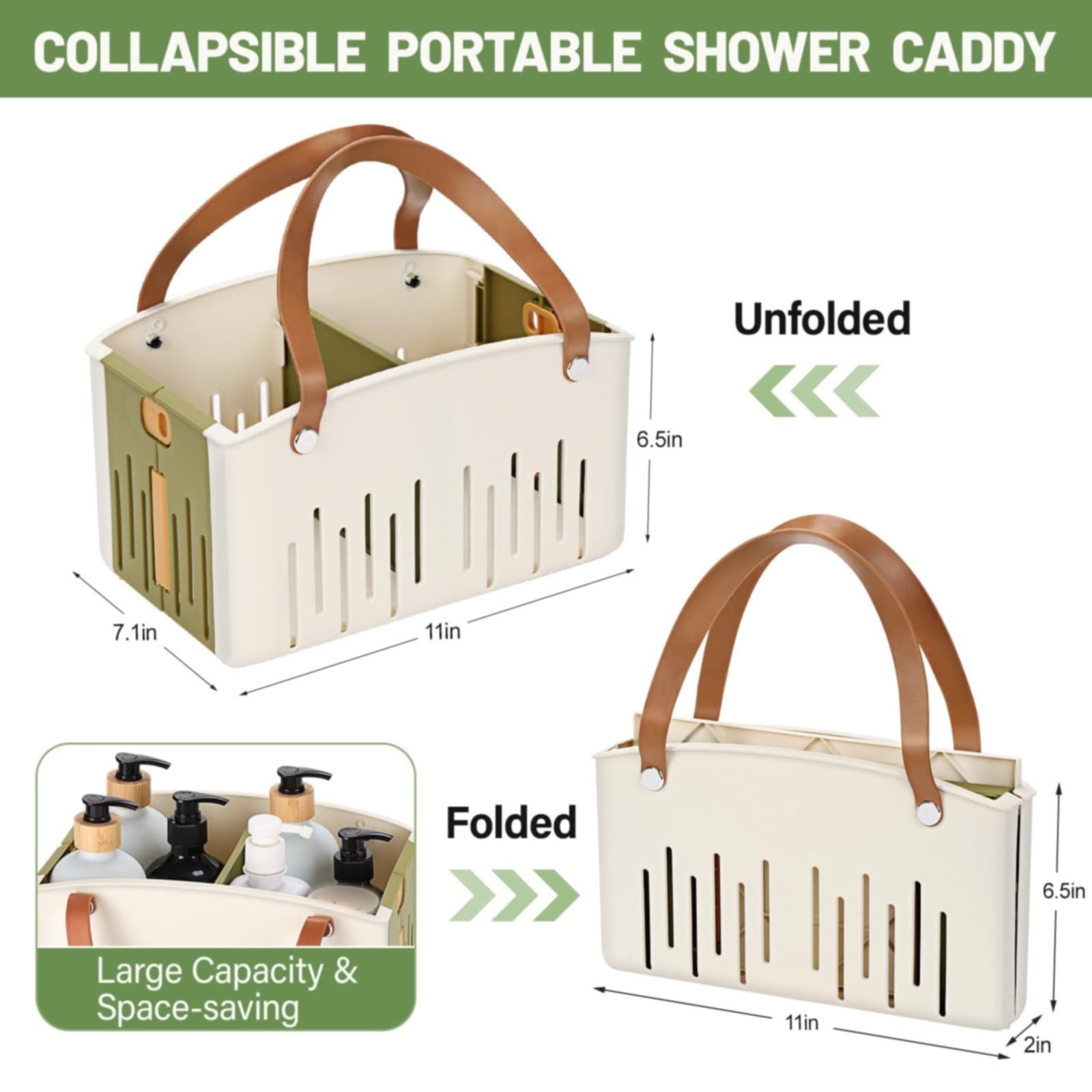 Portable Shower Caddy Basket, Plastic Collapsible Cleaning Organizer, Storage Tote with Handle, Removable Divider for College, Dorm Room, Camp, Gym, Dorm, Bathroom, 11.02x7.09x6.5"