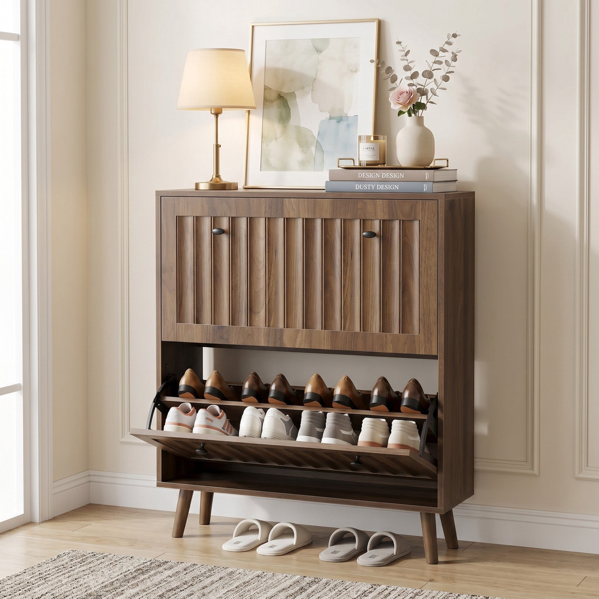 Sailvan Mid-Century Modern Shoe Cabinet, 23.6-Inch Vertical Grooved Upright Storage