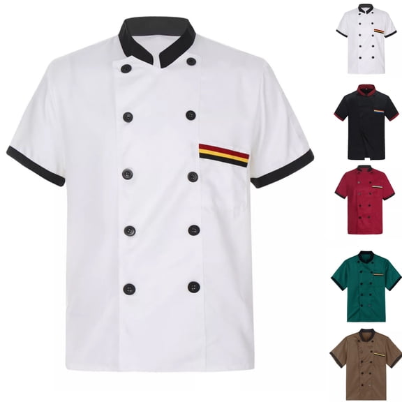 HAJWOH Men's Chef Coat Uniform Short Sleeve Cook Jacket Restaurant Kitchen Work Breathable Clothes
