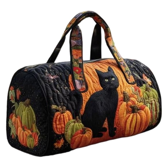Women's Quilted Weekender Duffel Bag, Large Black Cat Pumpkin Halloween Patchwork Foldable Lightweight Overnight Gym Travel Tote,Spacious Duffle Handbag for Weekend Getaway