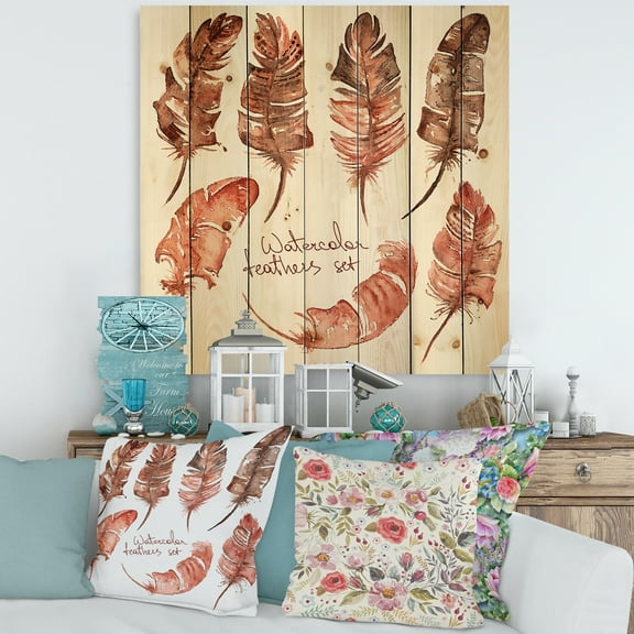Designart 'Boho Art Feather Icons' Bohemian & Eclectic Print on Natural Pine Wood