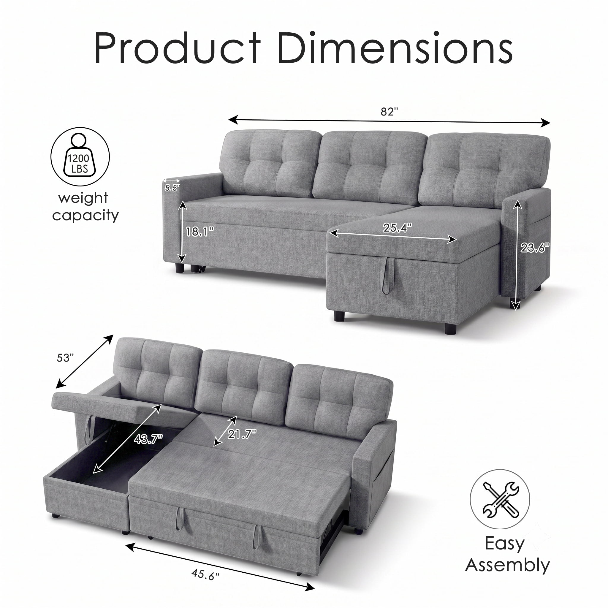 avobird 82" L Shaped Sleeper Sofa Bed, 3-Seat Convertible Sectional Couches with Storage Chaise, Linen Fabric Pull Out Couch for Living Rooms, Apartment, Light Gray