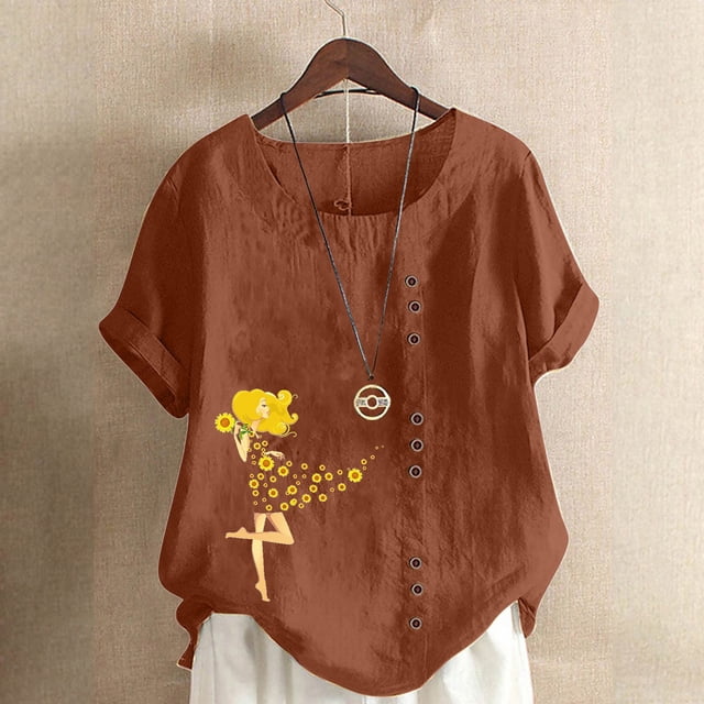 Fiudx Tops para Mujer Top de Manga Corta con Cuello Redondo y Botones Regulares con Estampado Sexy de Verano para Mujer