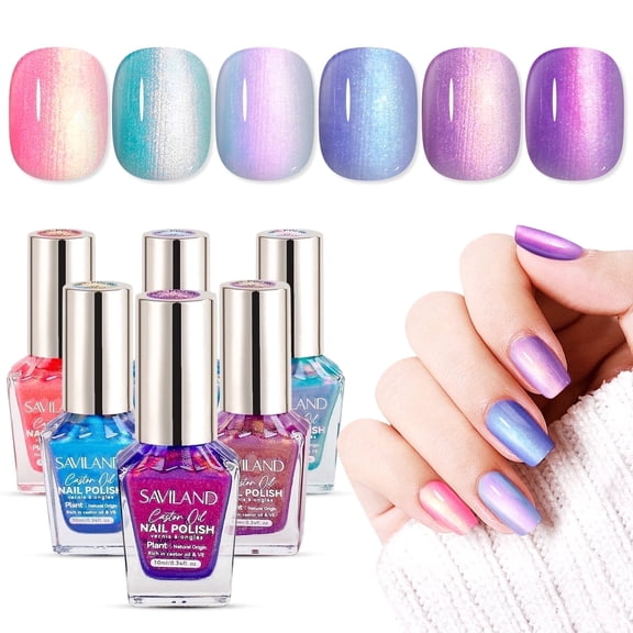 SAVILAND 6pcs Ombre Nail Polish Sets: Charm Pink Blue Gold Purple Ombre Summer Fingernail Polish Colors Air Quick Dry Nail Polish Plant-Base Castor Oil Natural Nail Polish Kit