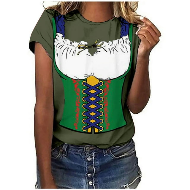 Pompotops Blouse Décontractée Mode Femme Imprimé Oktoberfest Col Rond T-Shirt Blouse Imprimée Tee Liquidation