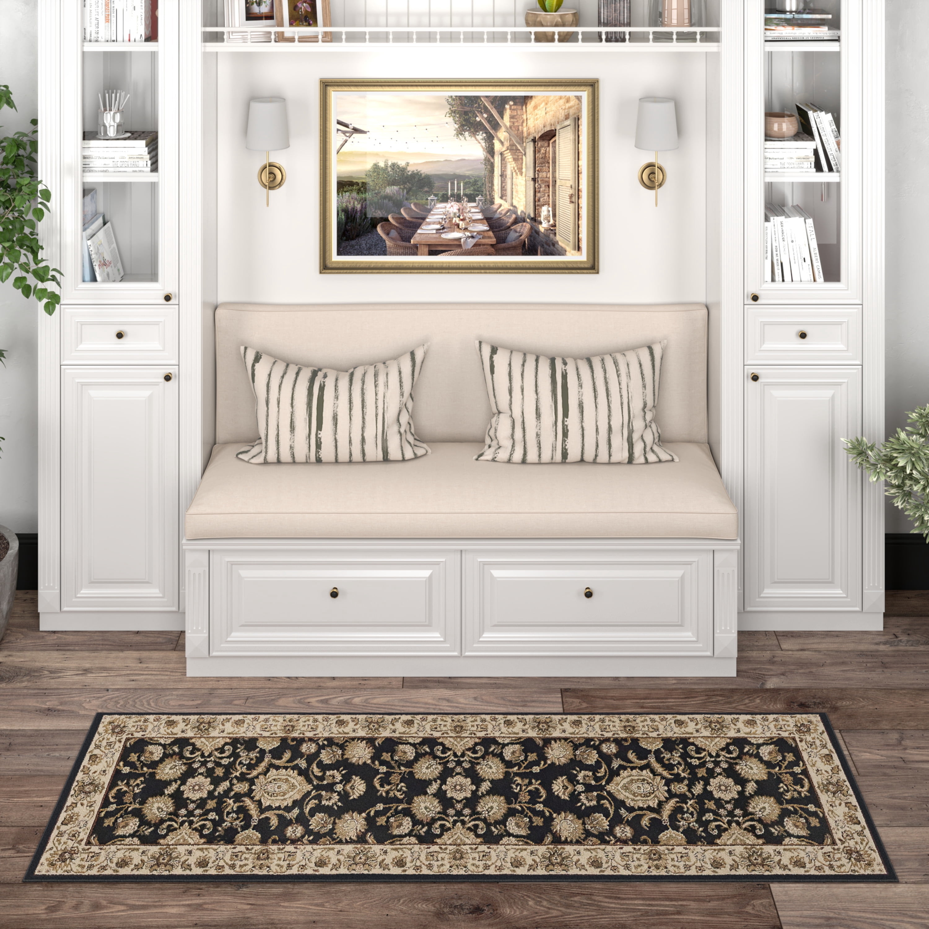Sensation Transitional 2' x 10' Black and Beige Polypropylene Indoor Area Rug