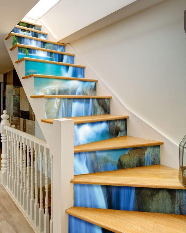 3D Stair Stickers - Landscape wall stickers steps decorative stickers, Removable Tile Decals for Stair Risers - Peel and Stick, Waterfall Design, 39.3Inch x 7.08Inch x 13Pcs