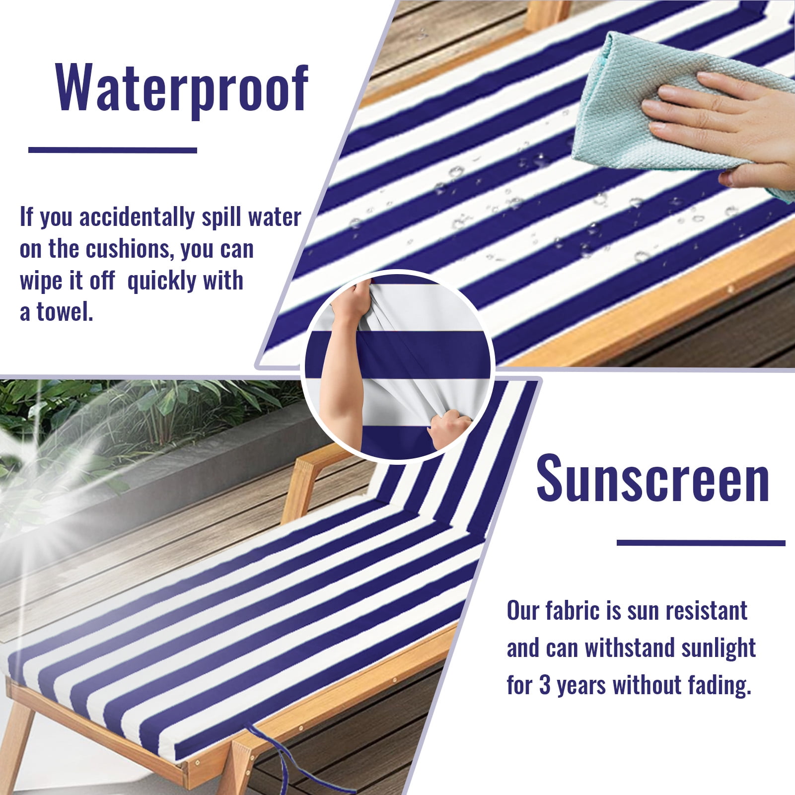 SDJPOI Outdoor Chaise Lounge Cushions, 72×21×3in Patio Chair Cushion for Pool & Beach（Blue White）