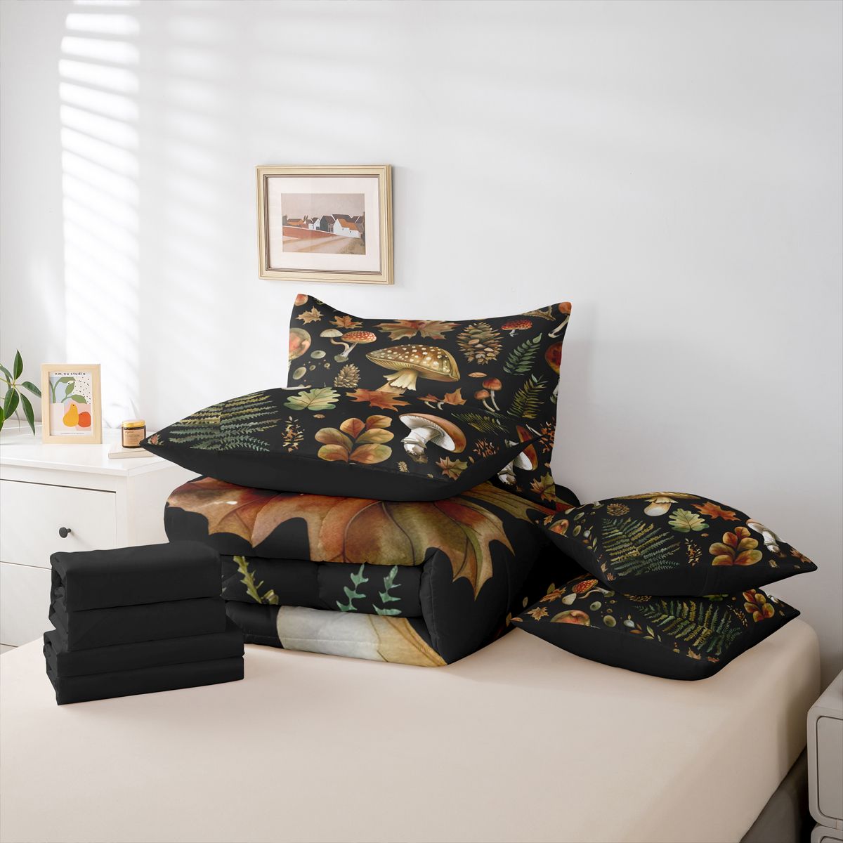 Homewish Country Fungus Mushroom 7-Piece Twin Bedding Sets,Autumn Maples Leaves Bedding Comforter Set,Rustic Plant Sheet Sets For Men Women,Super Cozy Room Decor Reversible