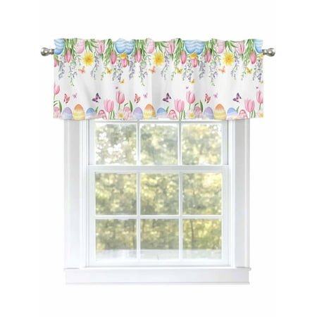 Spring Easter Egg Valances for Windows Rod Pocket Kitchen Valance Curtains - Soft & Washable Small Window Treatment for Living Room Bathroom Floral Butterfly 42x12 Inch 1 Panel