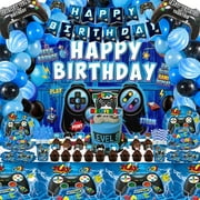 KUGUY Video Game PriNst Decorations Video Game Birthday Supplies for 20 Guests Include Happy Birthday Banner, Backdrop, Cake Toppers, Balloons, Plates, Cups, Tableware, Napkins, Tablecloth