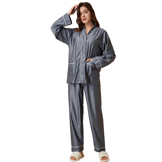 Gibobby Pijama estampada para mujer Conjunto de ropa casual transpirable y absorbente de manga larga de color sólido para mujer(Gris,G)