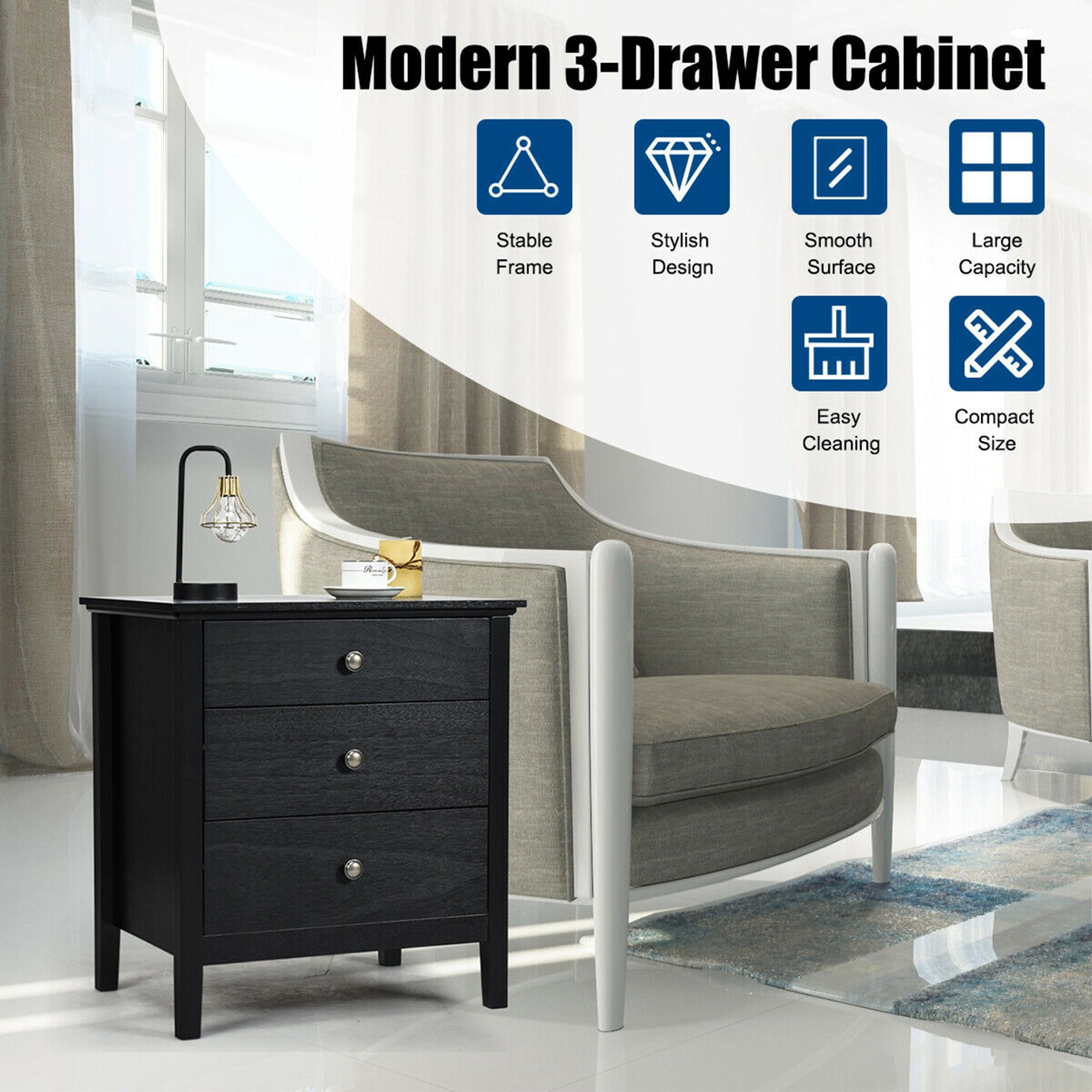Gymax Accent Table Organizer Nightstand Beside End Side Table W/3 Drawers Black