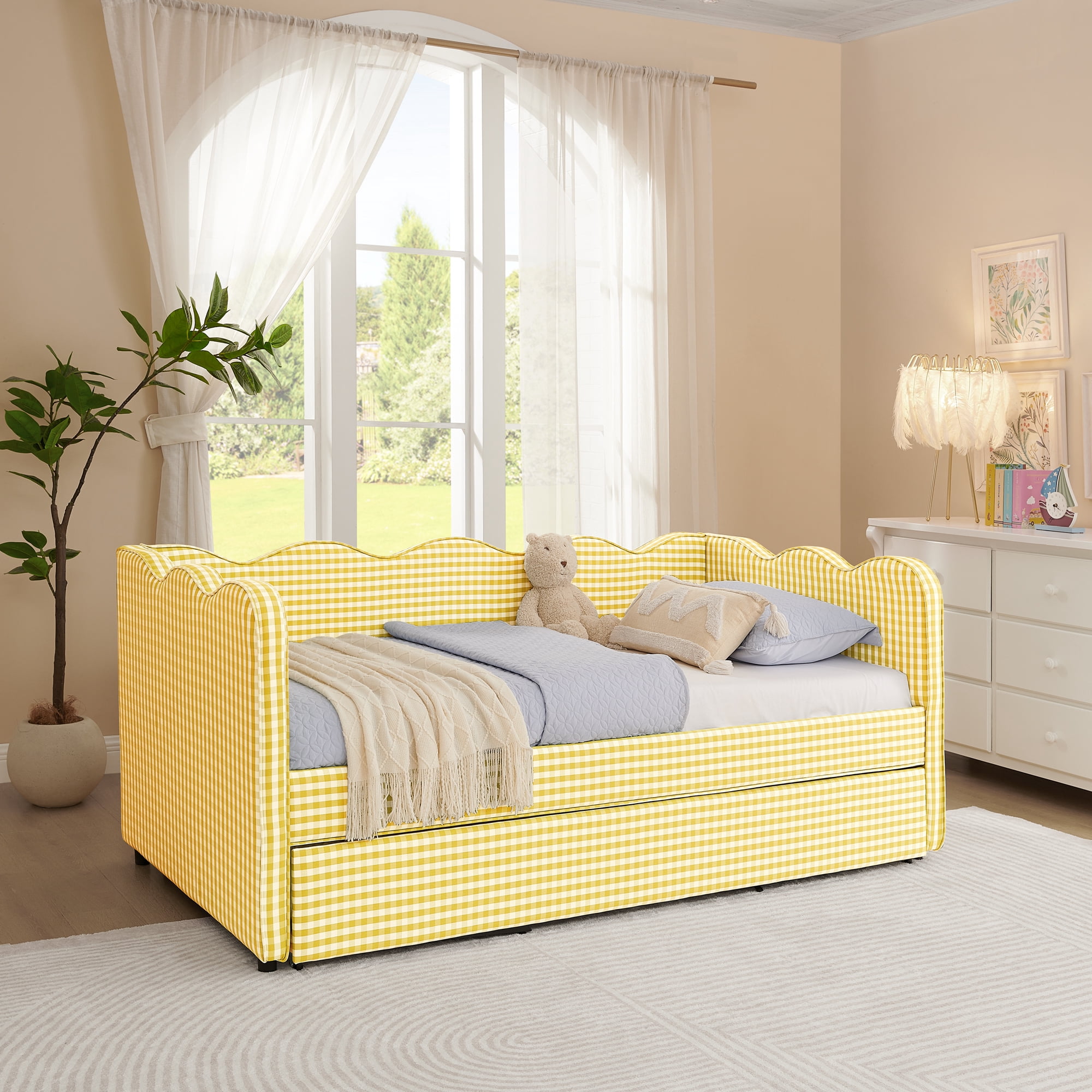 Leumius Twin Size Gingham Daybed with Pop Up Trundle,Modern Linen Daybed with USB Ports and Adorable Wave Shaped,Upholstered Day Bed Fram for Living Room/Bedroom/Guest Room,Yellow