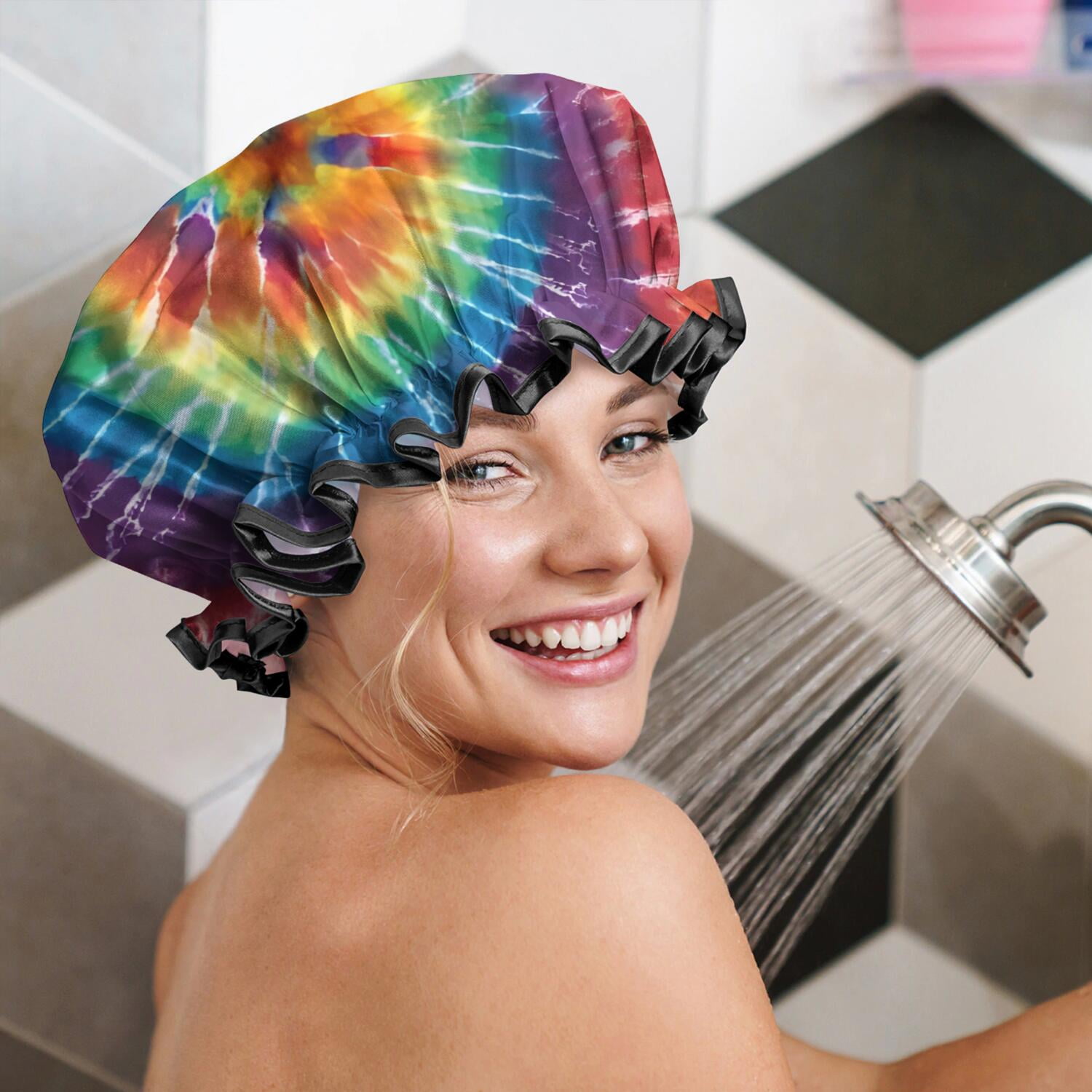 Shower Caps,Colorful Tie Dye Pattern Waterproof Shower Cap for Women 4 Pieces,Double Reusable Hair Cover for Shower PEVA Elastic Stretch Hem