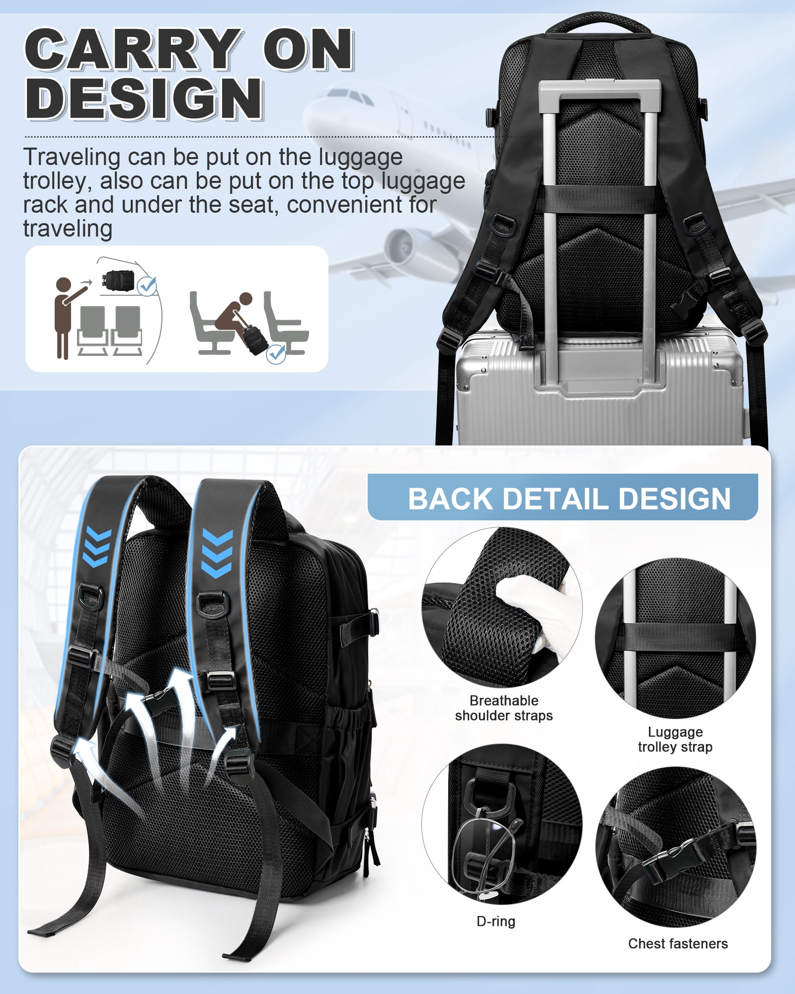 Travel Vacuum Backpack with Air Pump, Vacuum Seal Carry on Backpack for Airplanes for Women and Men, Black , 11.42 in. x 5.90 in. 16.54 in