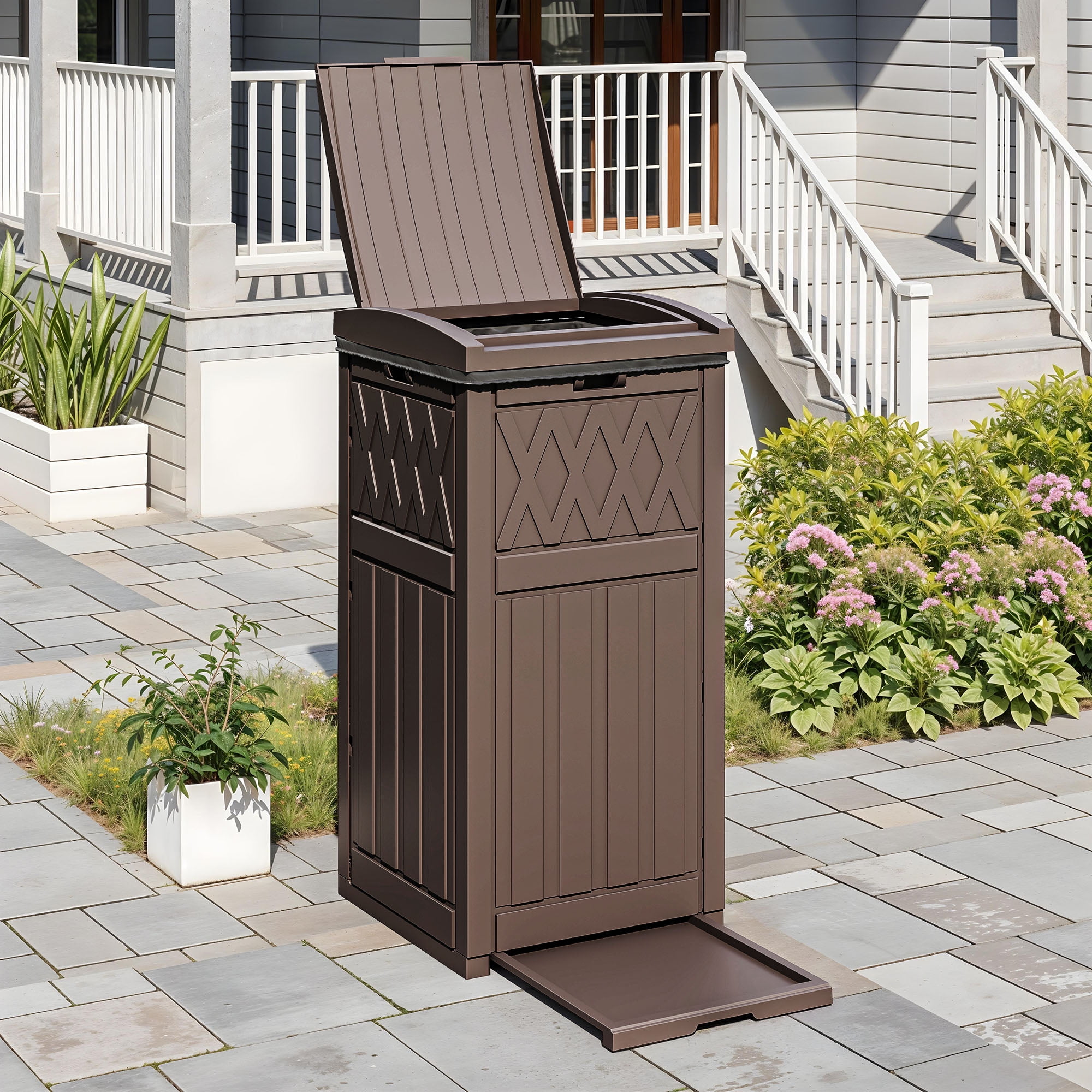 Dextrus 36 Gallon Outdoor Trash Can, Waterproof Resin Garbage Bin with Drip Tray & Lid, Trash Bin,for Porch, Backyard, Dark Brown