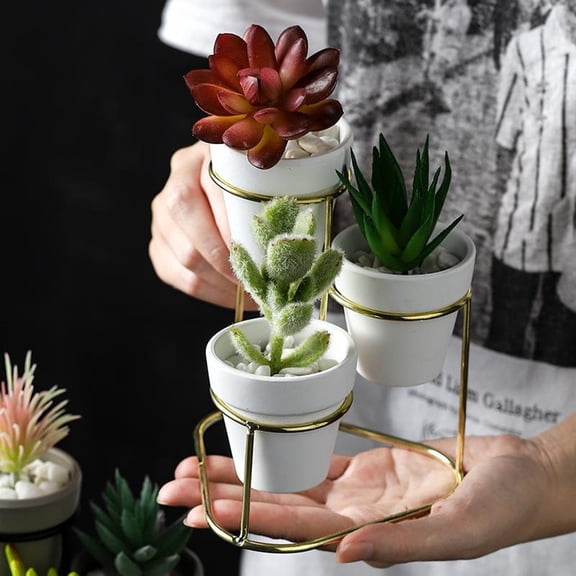 3 macetas de cerámica para macetas suculentas, moderno contenedor de cactus para interiores con soporte metálico, con mini orificios de drenaje Oro A