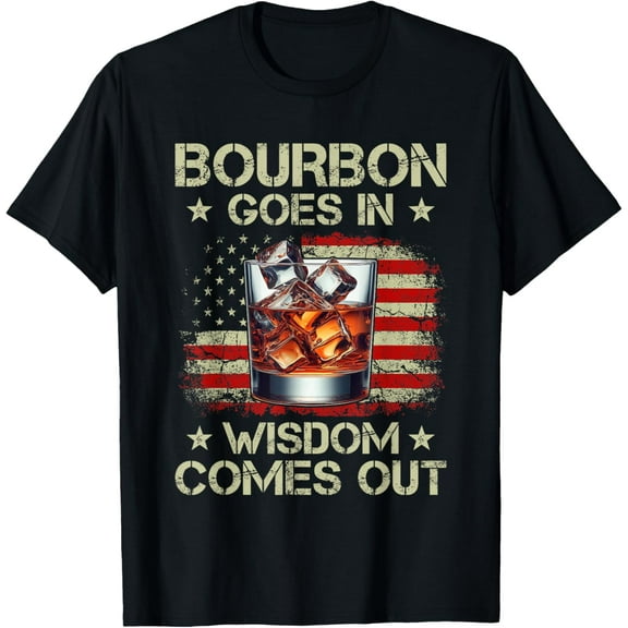 t-shirt Bourbon Goes In Wisdom Comes Out Whiskey USA Flag Vintage T-ShirtMen and women can wear, black T-shirts, gifts. Age: M,L,XL 2XL, 3XL, 4XL