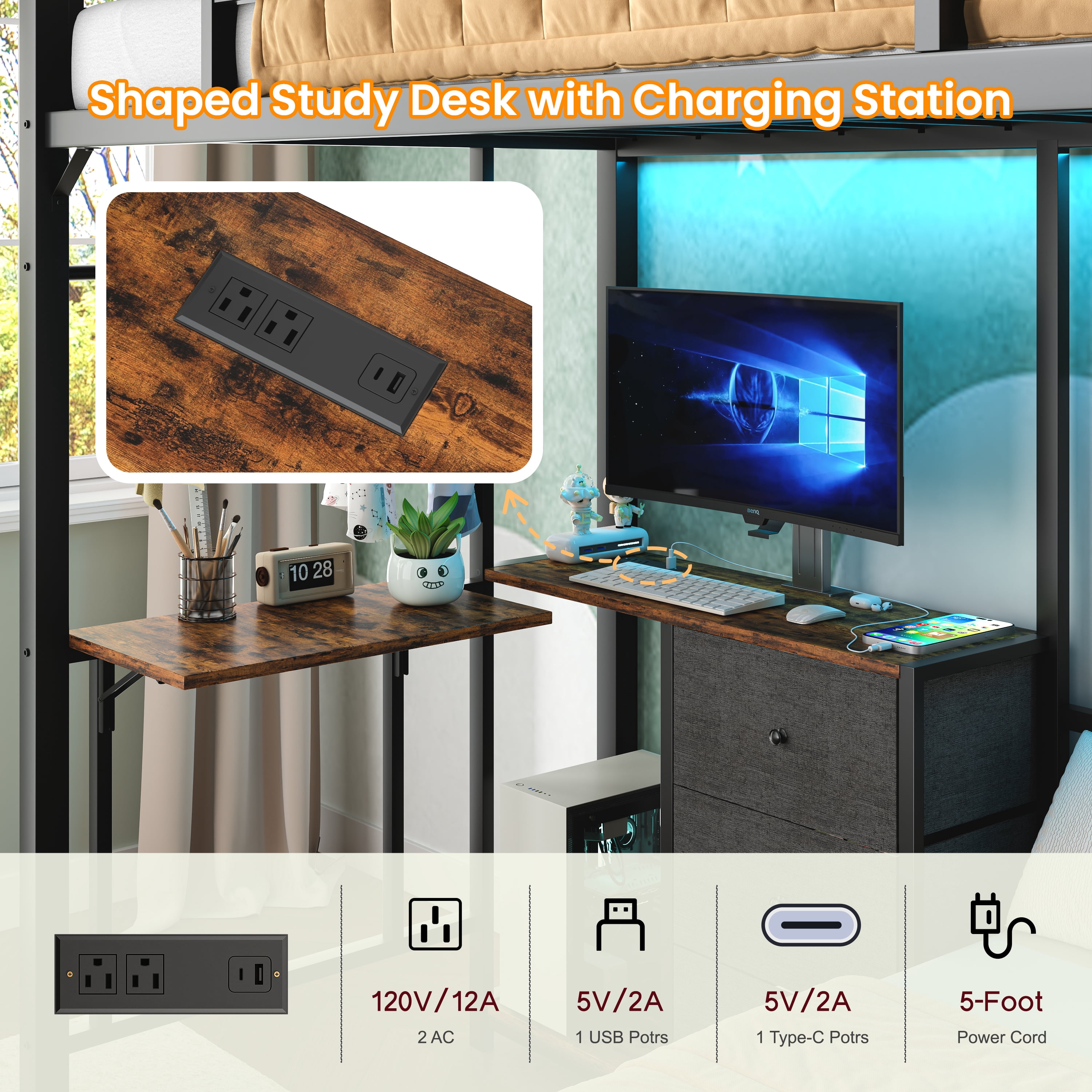 Miniyam Twin over Twin Bunk Bed with Desk, Charging Station & RGB LED Lights – Adjustable Ladder, Safety Guardrails, Space-Saving Design for Kids & Teens