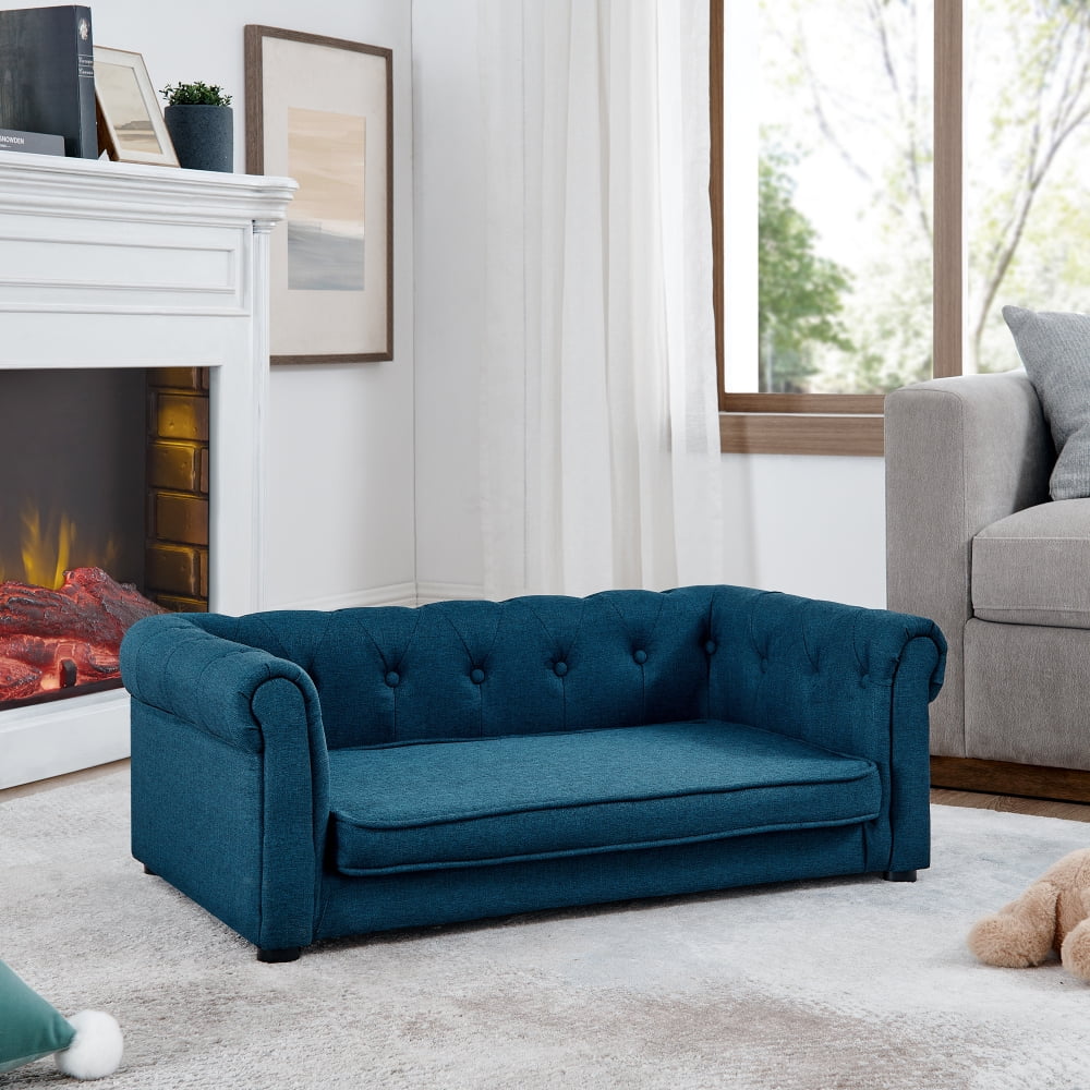 Hassch Pet Couch Bed, Contemporary Linen Fabric Elevated Dog Sofa for Medium/Large Dogs, 250lbs Loading Pet Lounging Bed, 40"L x 23"W x 14"H, Blue