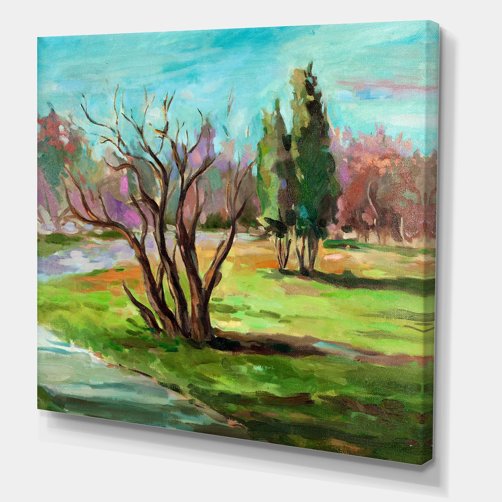 Designart ' Two Distant Trees In A Vibrant Green Landscape ' Traditional Canvas Wall Art Print