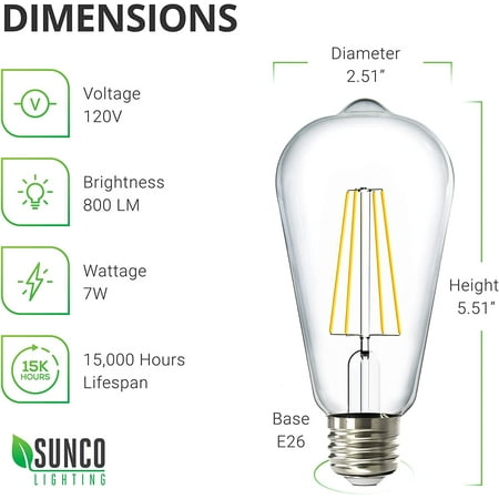 

Sunco Lighting 10 Pack Dusk to Dawn Light Bulbs LED Edison 2700K Soft White 7W Equivalent 60W Vintage Styled ST64 Extra Bright Automatic Bulb 800 LM E26 Base Light Sensing Outdoor UL