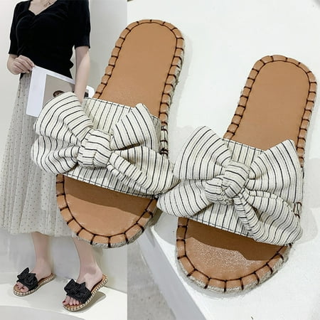 

BRISEZZS Slide Sandals for Women- Casual Open Toe Bowknot New Style Roman Beach Summer Flat Slide Sandals #362 Beige-38
