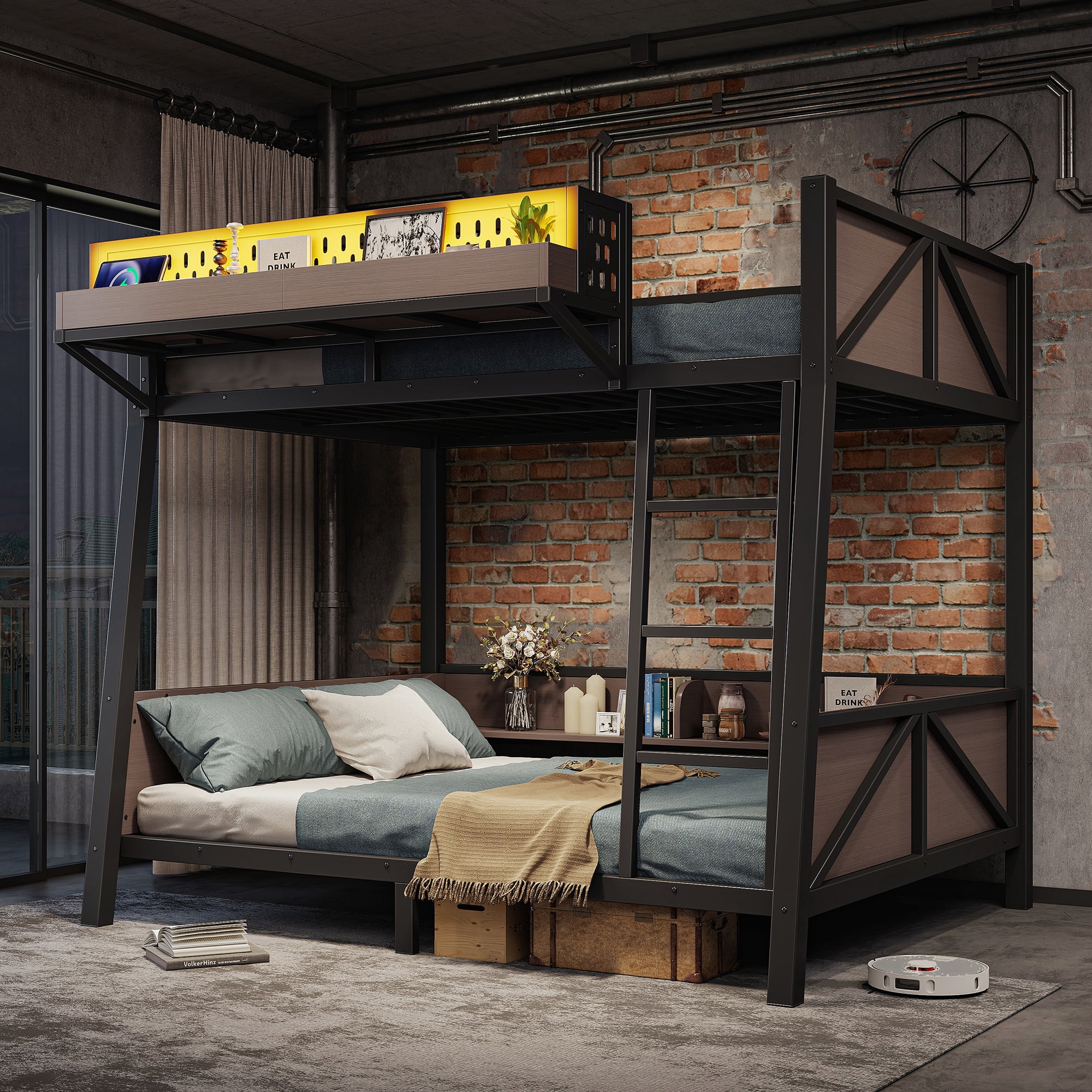 HOQBN Bunk Bed Twin Size with Storage Shelves,Metal Bunk Bed Frame with LED Light and USB Ports,Black