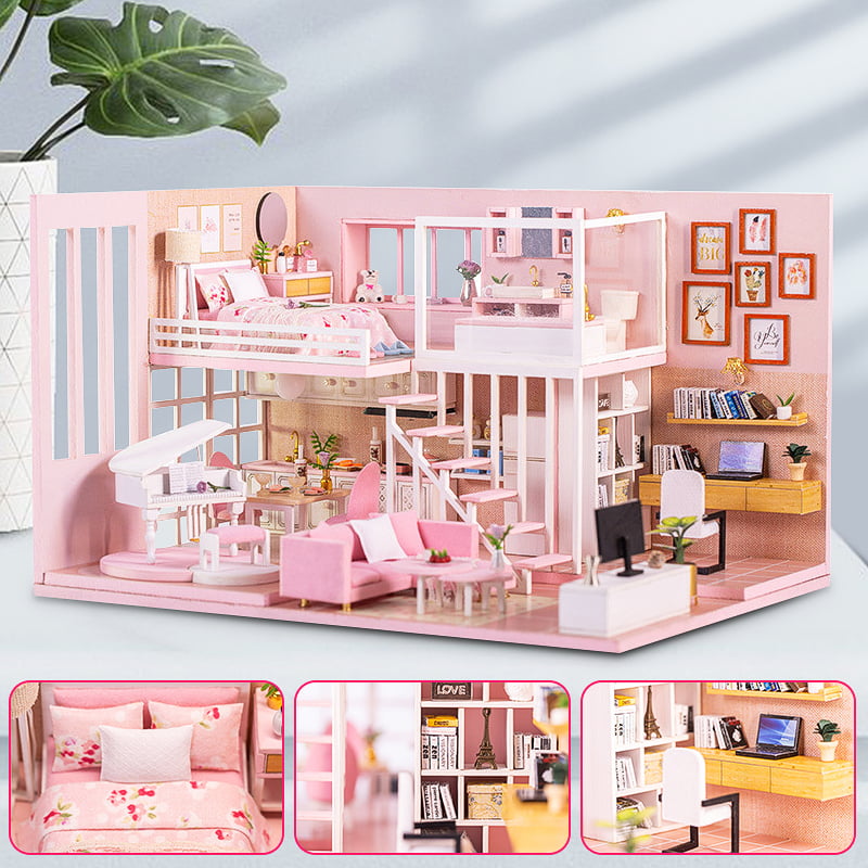 DIY Wooden Dollhouse Miniature with Light Furniture Doll House for Kid 
