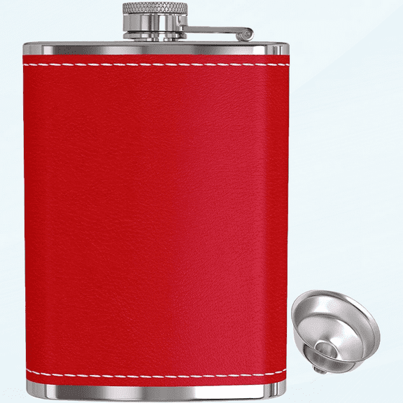 Flask for Liquor and Funnel - 8 Oz Leak Proof 18/8 Stainless Steel Pocket Hip Flask with Red Leather Cover for Discrete Shot Drinking of Alcohol, Whiskey, Rum and Vodka | Gift for Women