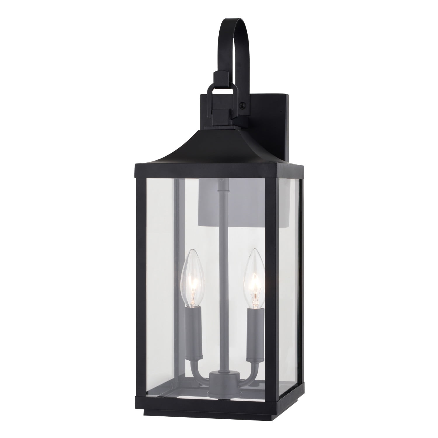 Old Town 2 Light Textured Black Transitional Outdoor Wall Lantern Clear Glass