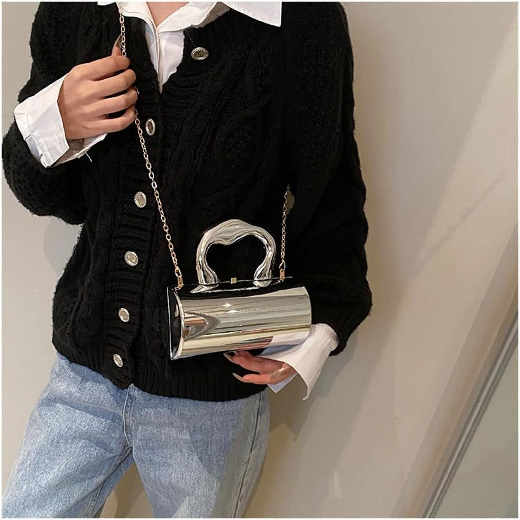 HLSOHJP Acrylic Evening Clutch Women Chic Metal Purses Shiny Barrel-Shaped Handbag Crossbody Bag for Wedding Parties