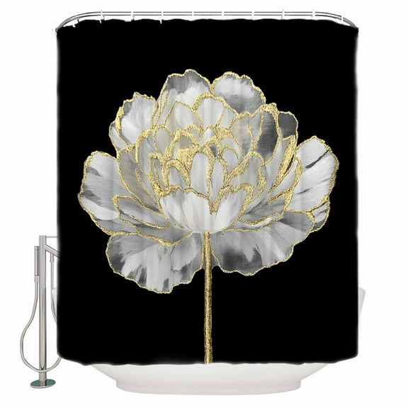 72x78 Inch Shower Curtain Flower Black Bathroom Decor Waterproof Fabric Bathtub Bath Curtains Decorative Gold White Abstract Floral Aesthetic Extra Long Shower Curtain Set with Hooks
