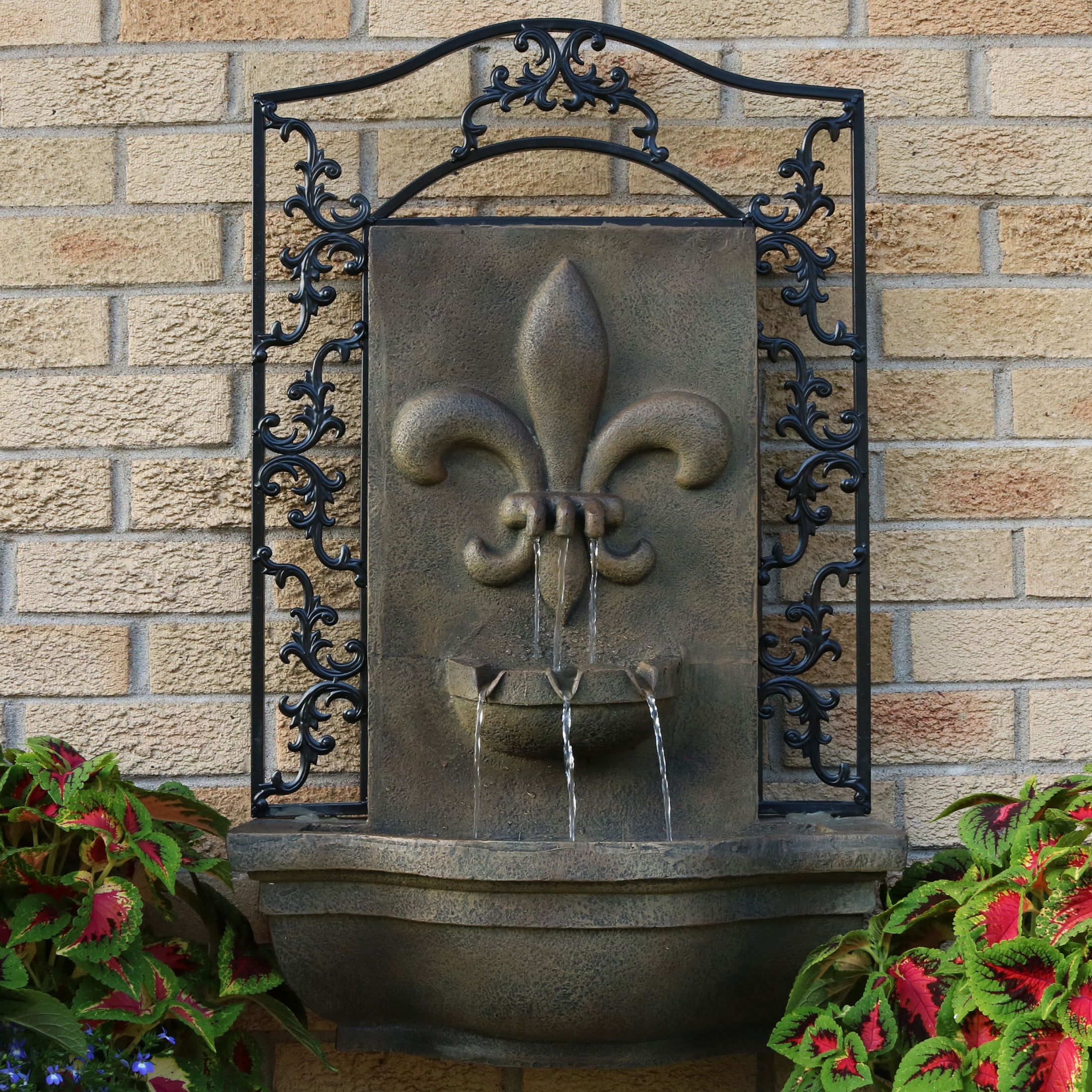 Sunnydaze French Lily Polystone Outdoor Wall Fountain, Florentine Finish