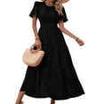 thumbnail image 2 of Women'S Summer Casual Short Flutter Sleeve Round Neck Smocked Waist Tiered Boho Floral Flowy Maxi Dress Black L, 2 of 9