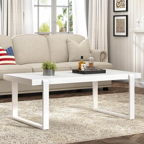 White Coffee Table, Modern Rustic Wood and Metal Center Table, Rectangle Cocktail Tea Table for Living Room, 47 Inch