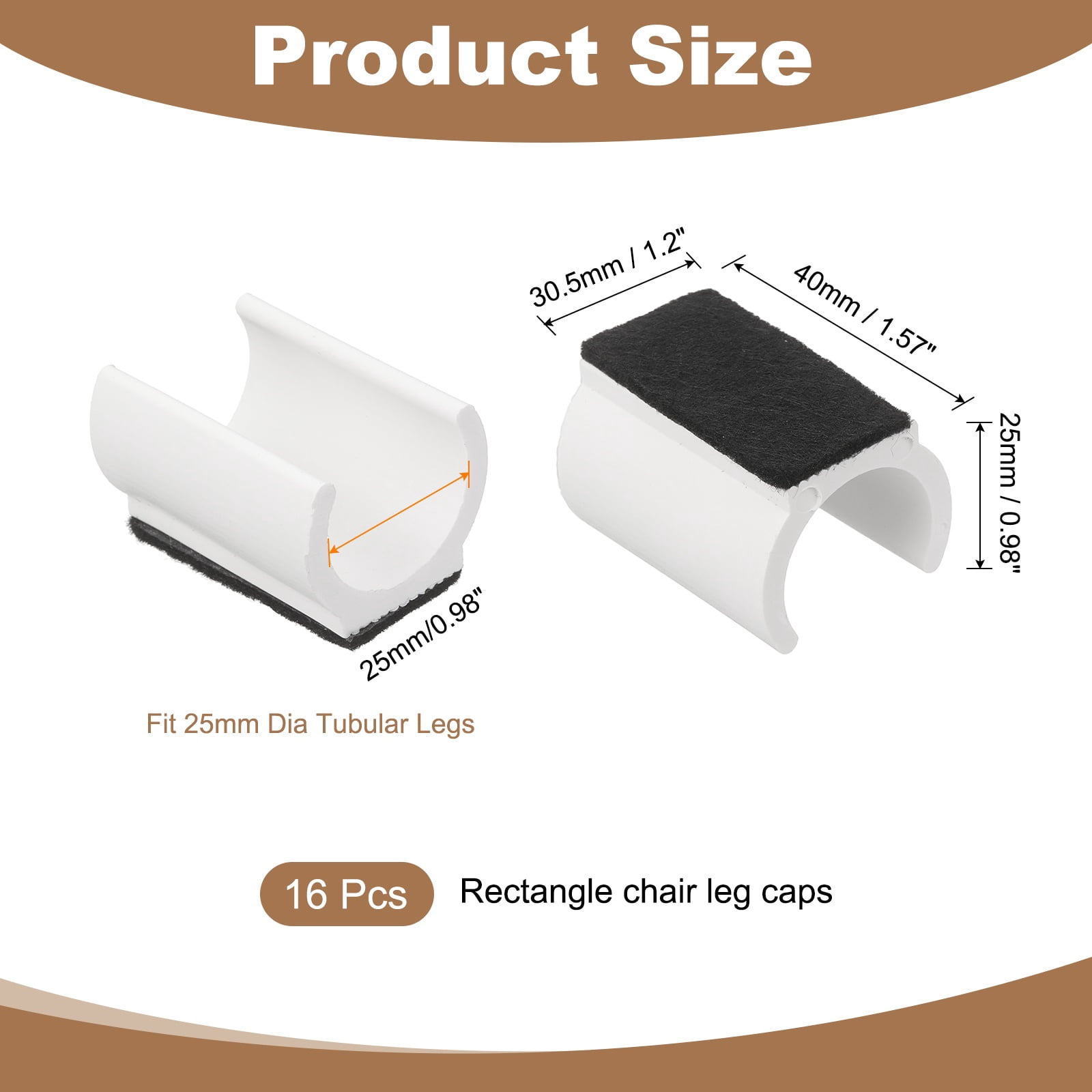 16 Pack Rectangle U Shaped Chair Leg Caps with Felt Pads, Fit 25mm Dia Tubular Legs, Slide Smoothly Furniture Feet Protector No Scratches No Noise for Hardwood Floors, White
