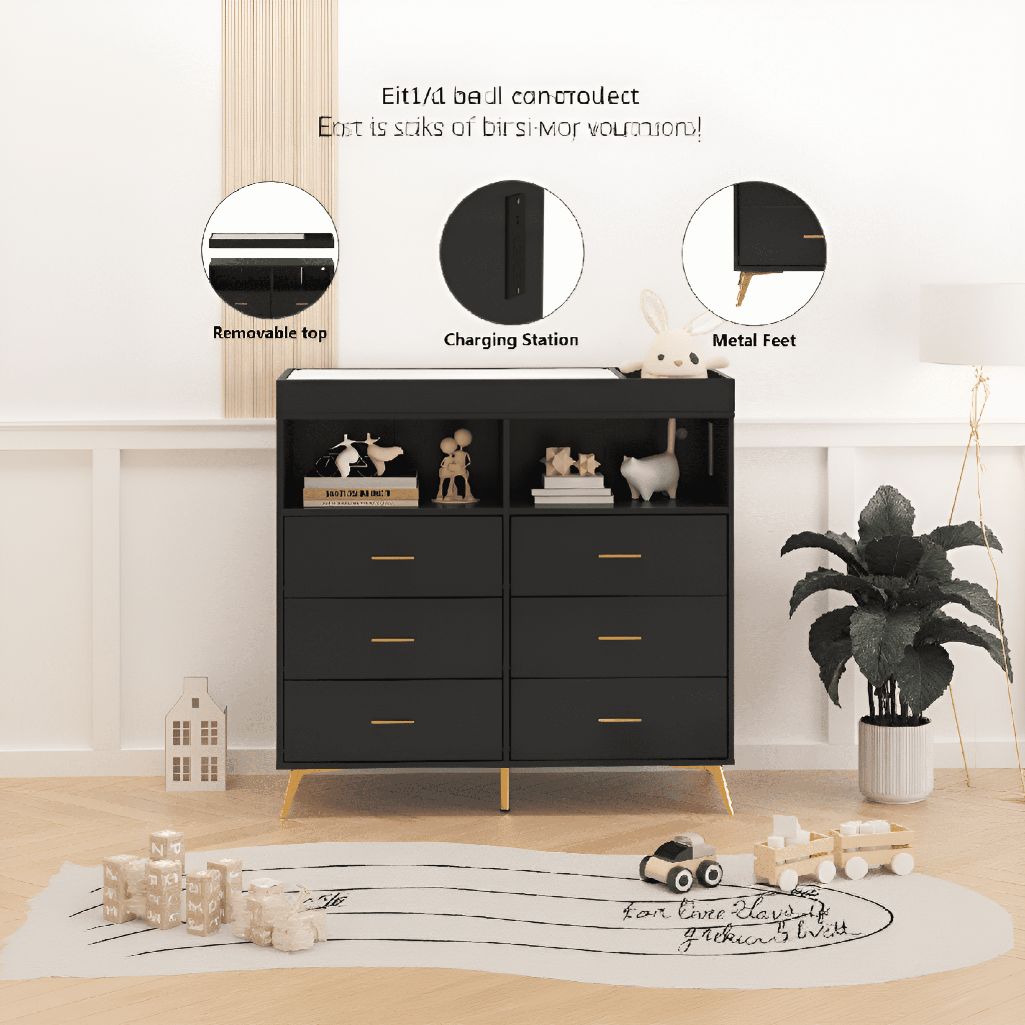 Towallmark 6 Drawer Dresser Changing Table Dresser with Changing Pad, LED Lights & Charging Station for Nursery Bedroom