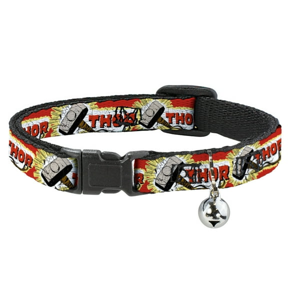 Marvel Comics Breakaway Cat Collar With Bell, Plastic Clip, Easy Adjustable, Thor Hammer Red Yellow White, 8.5 to 12 Inches 0.5 Inch Wide