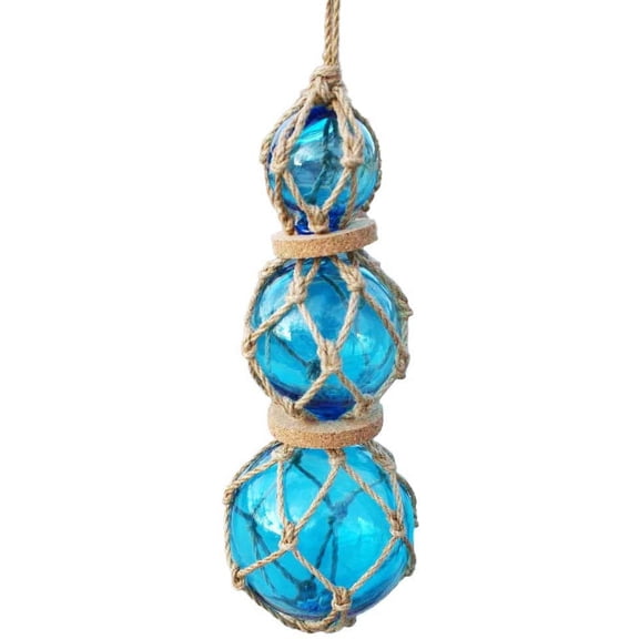 Glass Fishing Floats, 2-4" Aqua, Strand of 3 with Cork, Japanese Glass Buoys with Rope for Decoration