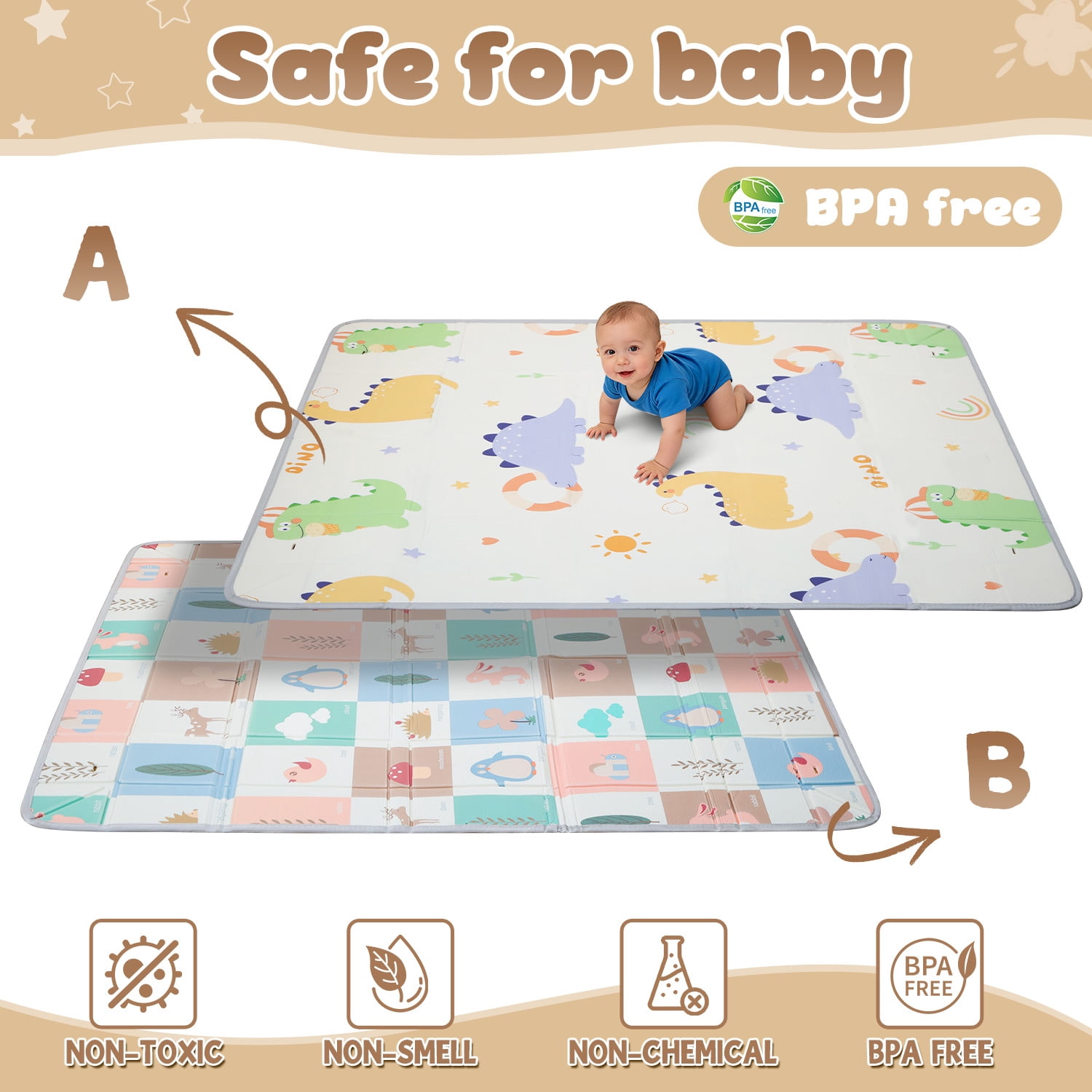 JoyStone 70 x 55 Inch Foldable Baby Play Mat with Fold-Up Sides & Storage Bag, Foam Tummy Time Mat, Infant Floor Playpen Mat for Indoor & Outdoor Use